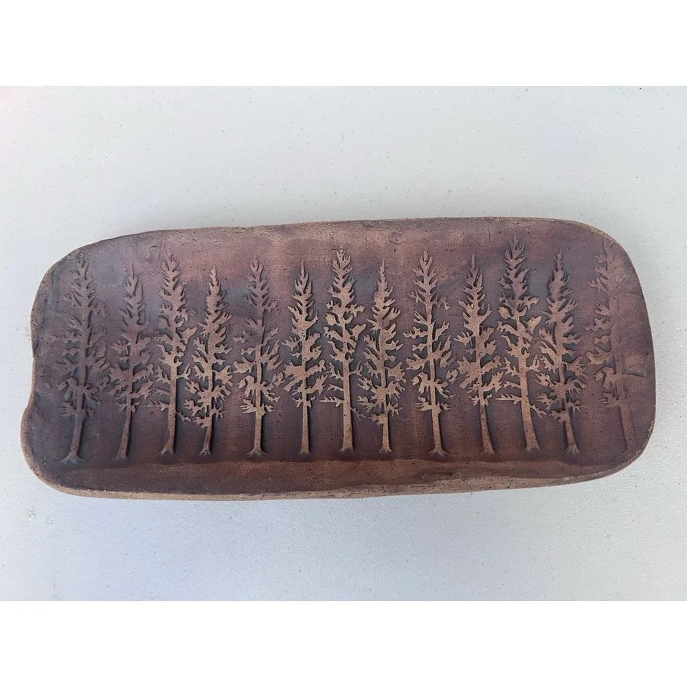 Handmade Studio Pottery Pine Tree Forest Tray Rustic Woodland Trinket Dish 9.25
